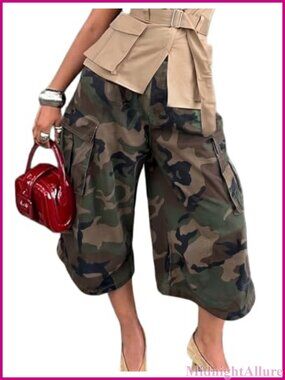 Women's Camo Cargo Capri Pants Cotton Ripstop High Waisted Wide Leg